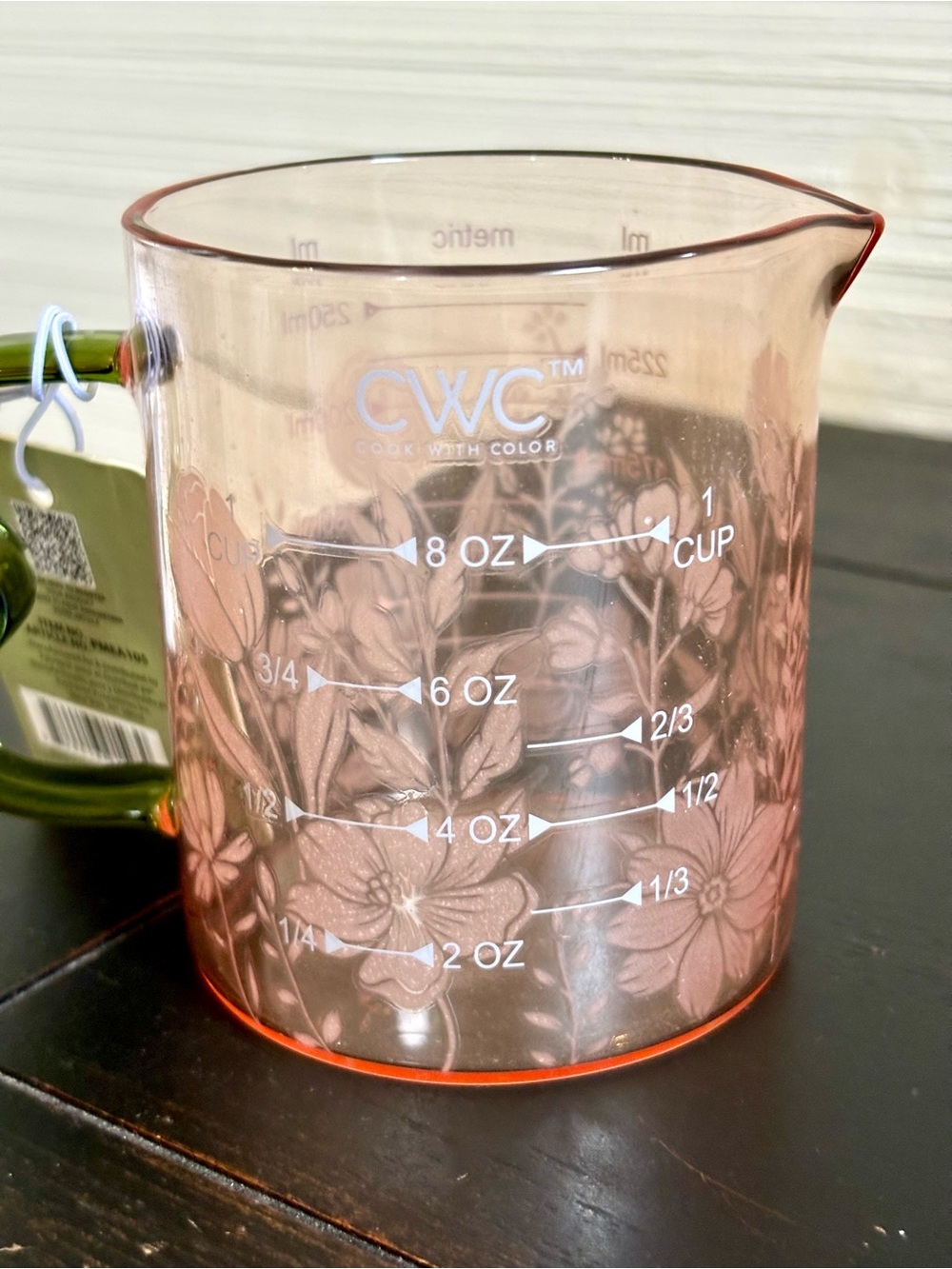CWC Cook With Color 8oz Glass Pink Floral Measuring Cup Green Handle NEW - Picture 4 of 6